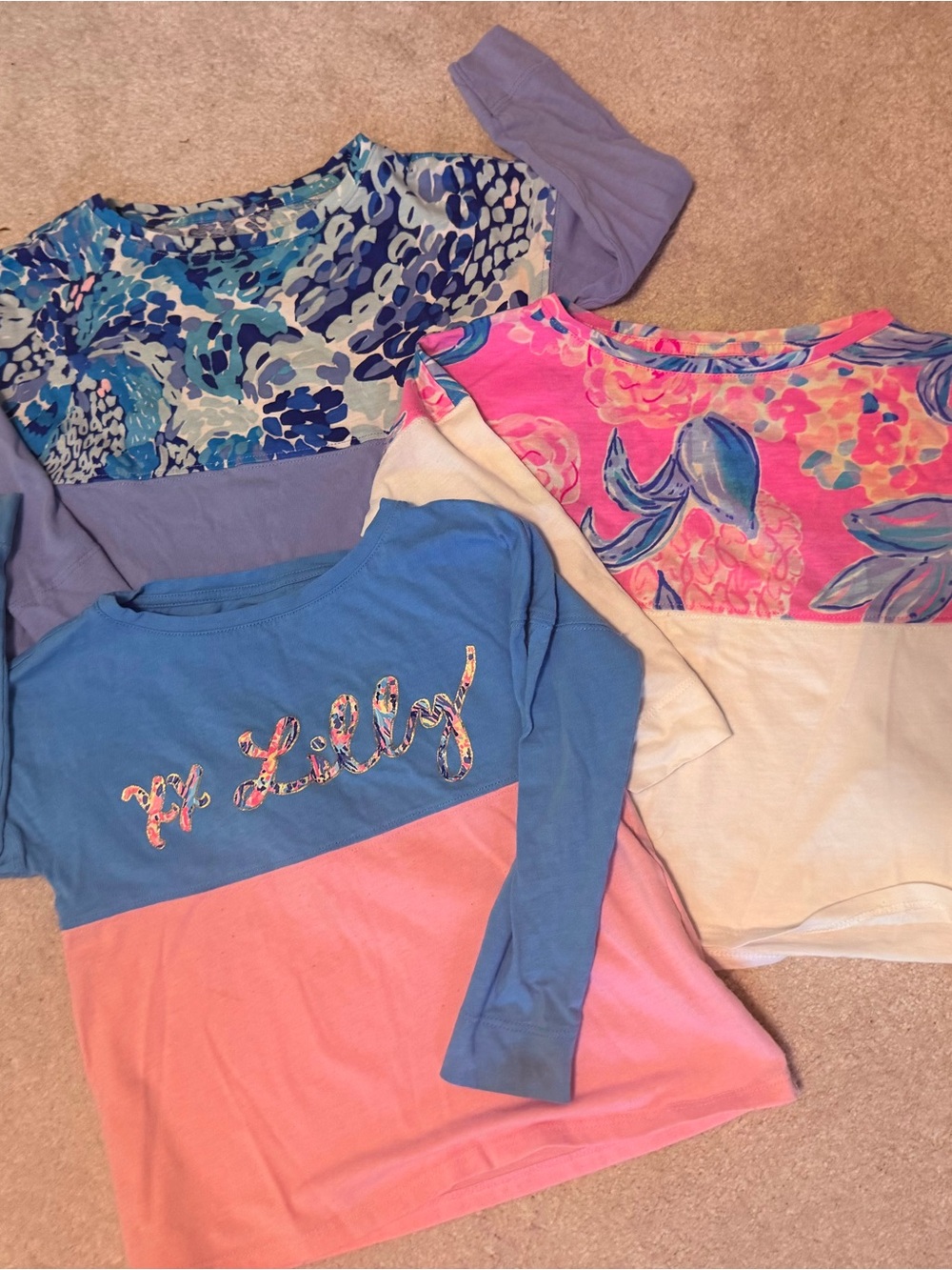 Lilly Pulitzer Girls Long Sleeve Colorblock Tees in Blue, Pink & Purple